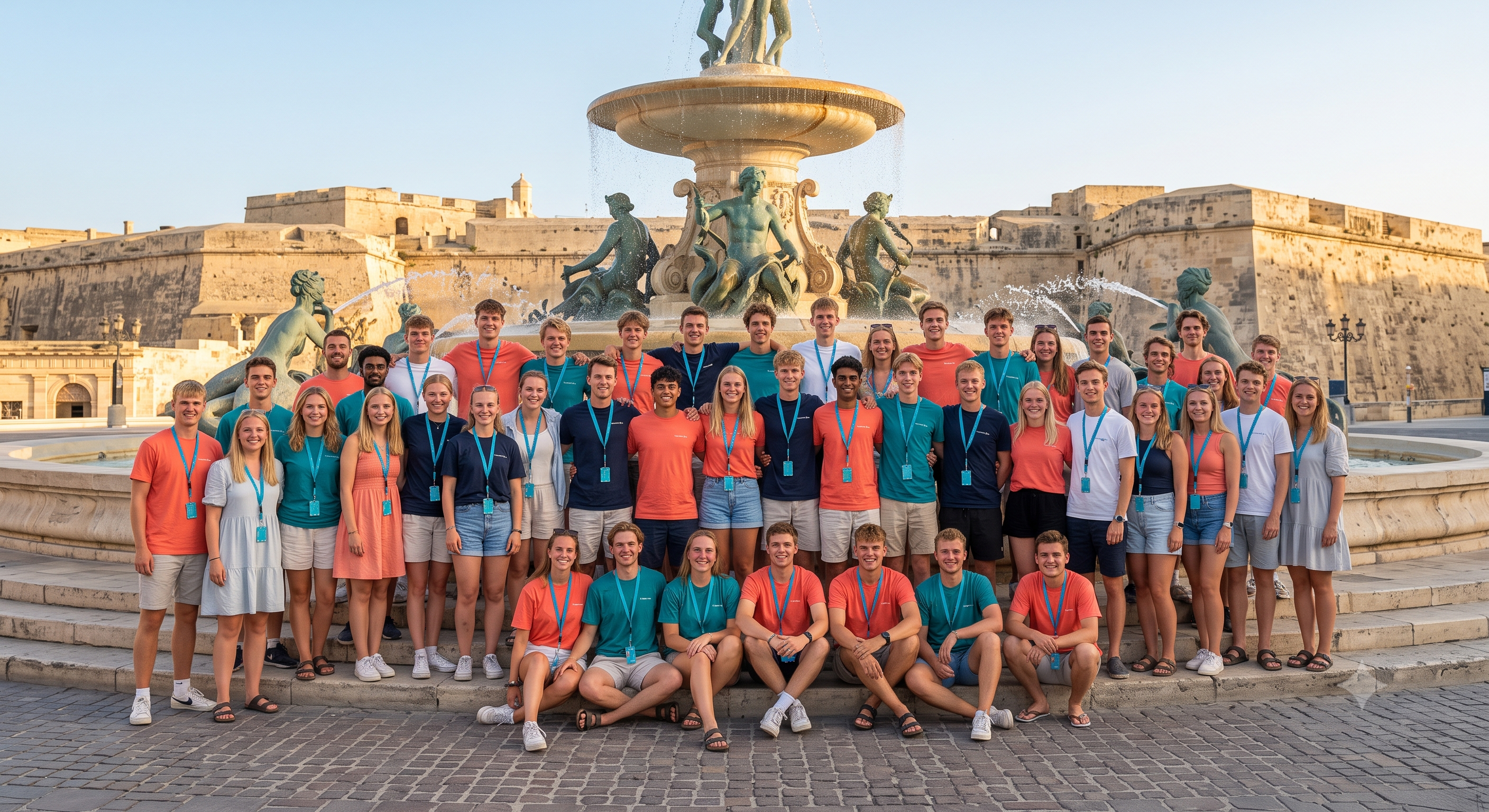 Stor gruppe unge foran springvand på Malta